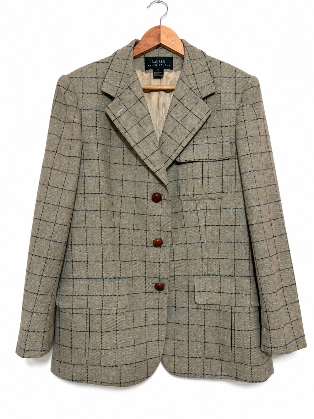 Lauren Ralph Lauren 100% Lambswool Windowpane Plaid Blazer 12 Equestrian Preppy
